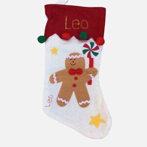 RED/WHITE GINGERBREAD MAN CHRISTMAS STOCKING "LEO" EMBELLISHED ON TOP SIZE-16"